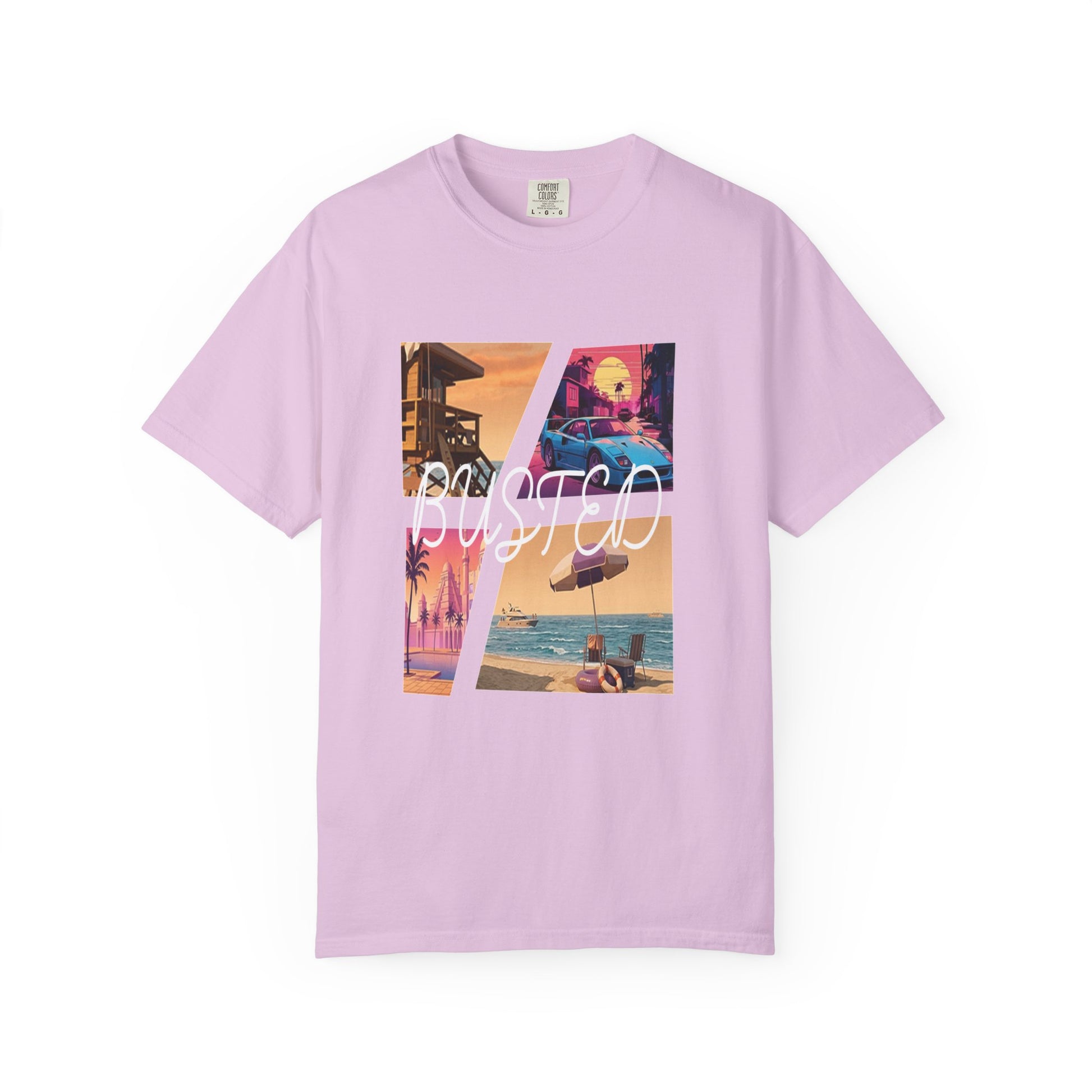 Busted script overlay tee with lifeguard tower beach graphic