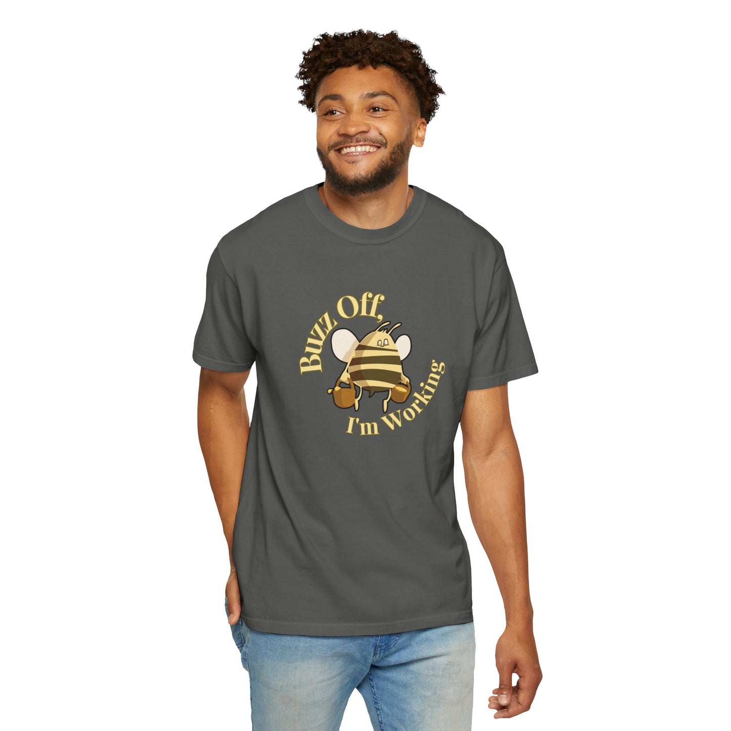 Buzz off I'm working tee styled with denim overalls and garden boots for beekeeper aesthetic