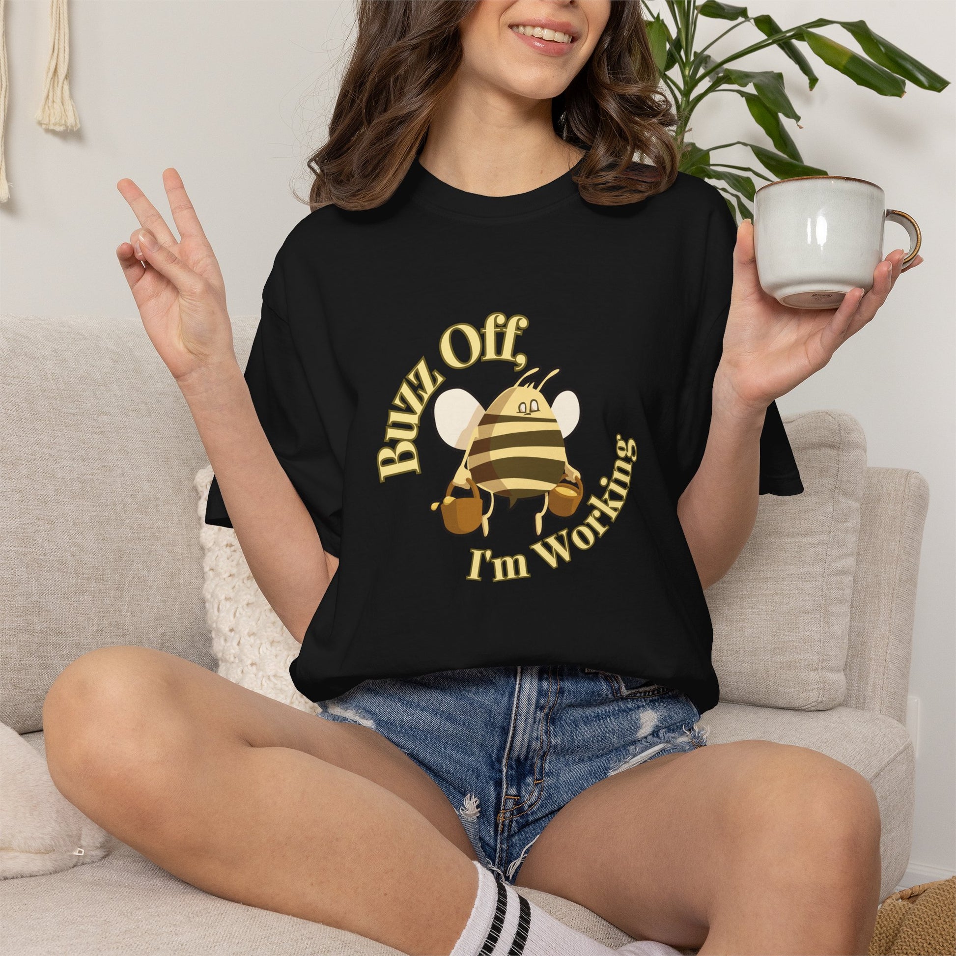 Buzz off tee front view showing full vintage bee illustration and slogan print
