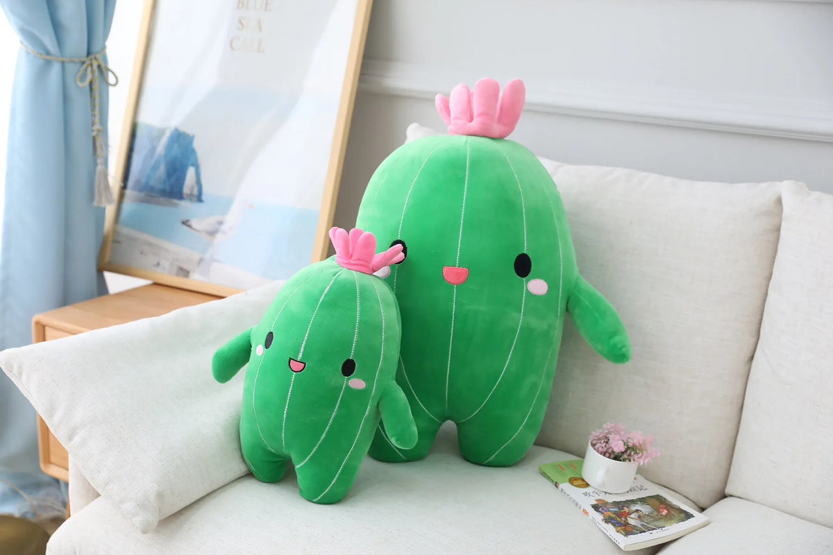 Cactus plush toy used as a cactus room decor accent on a pastel shelf