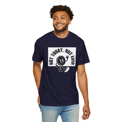 Caffeine humor shirt with retro mid-century coffee cup character design detail shot