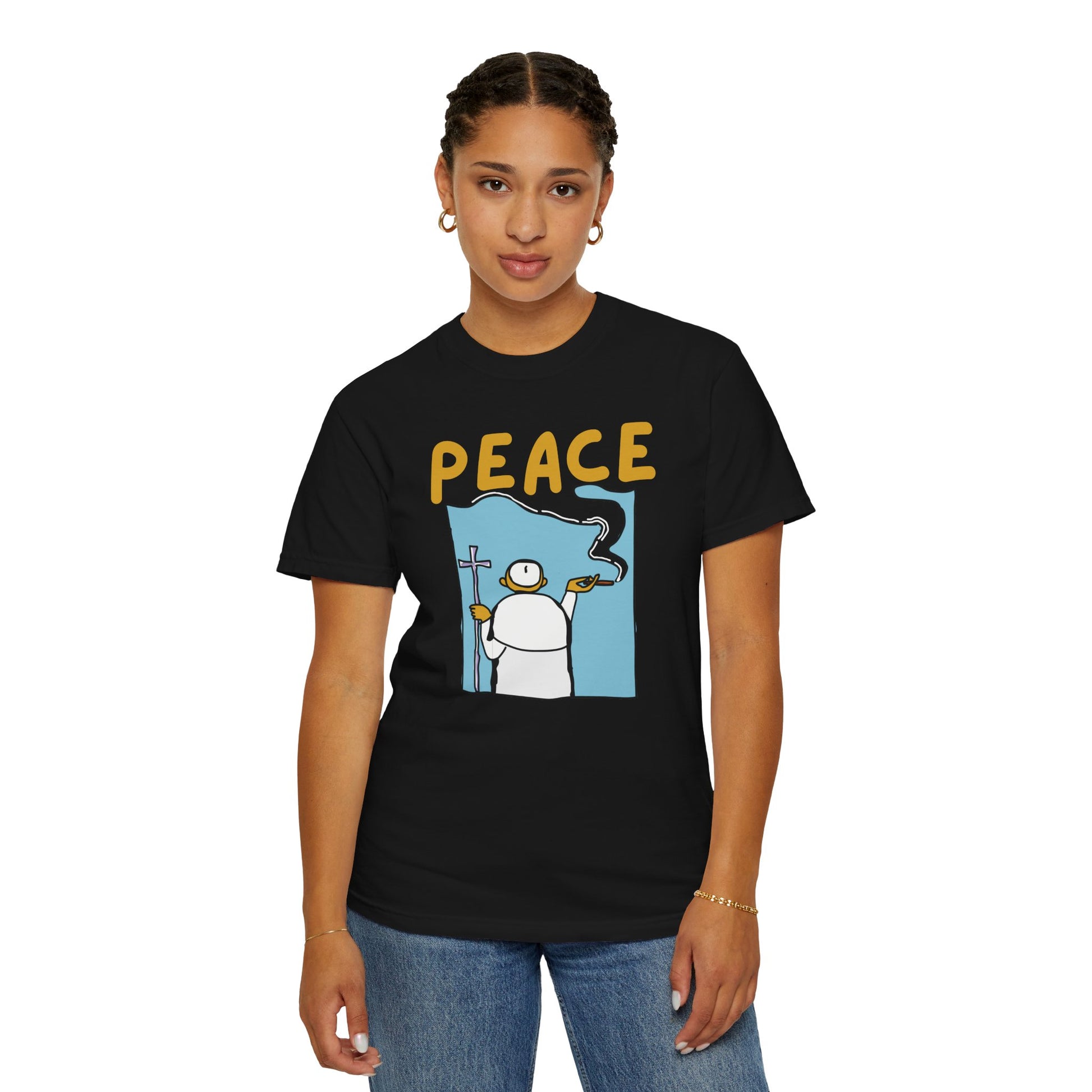 Calm vibes tee halo meme design detail close-up ring-spun cotton texture