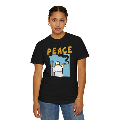 Calm vibes tee halo meme design detail close-up ring-spun cotton texture
