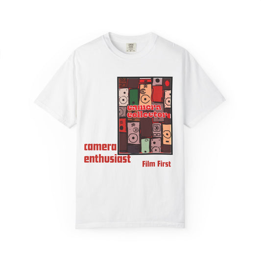 Camera enthusiast graphic t-shirt with vintage camera collage in warm reds and earthy tones