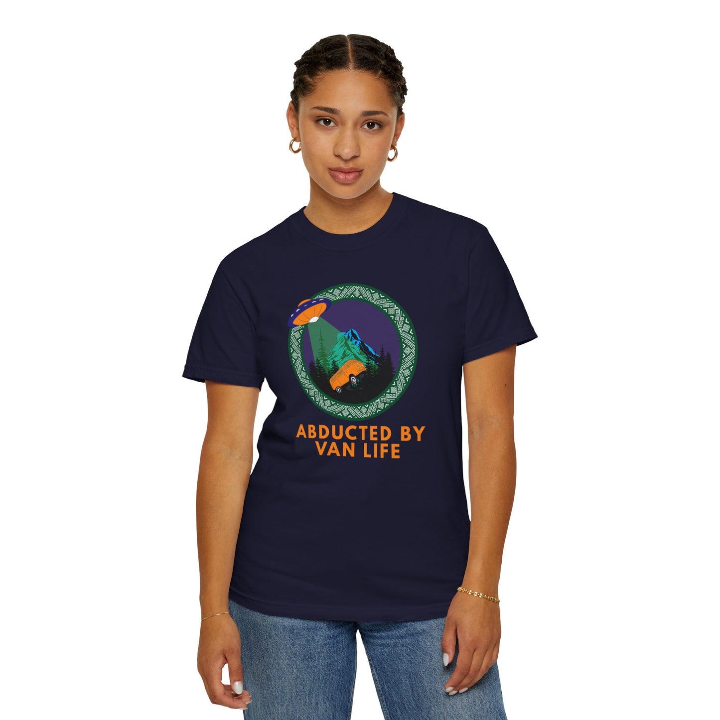 Camper van apparel with alien abduction graphic on heavyweight ring-spun cotton