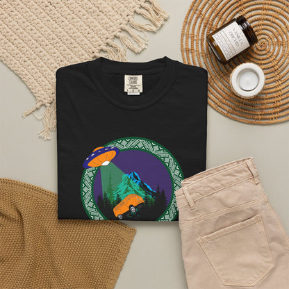 Camper van conversion enthusiast T-shirt with UFO mountain scenery graphic