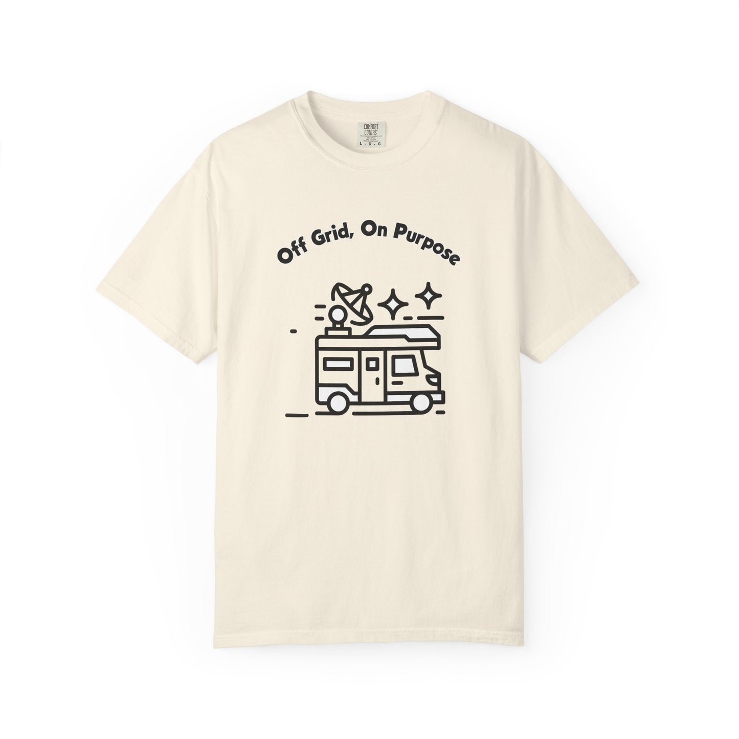 Camper van graphic tee showing clean line art van print on garment dyed cotton