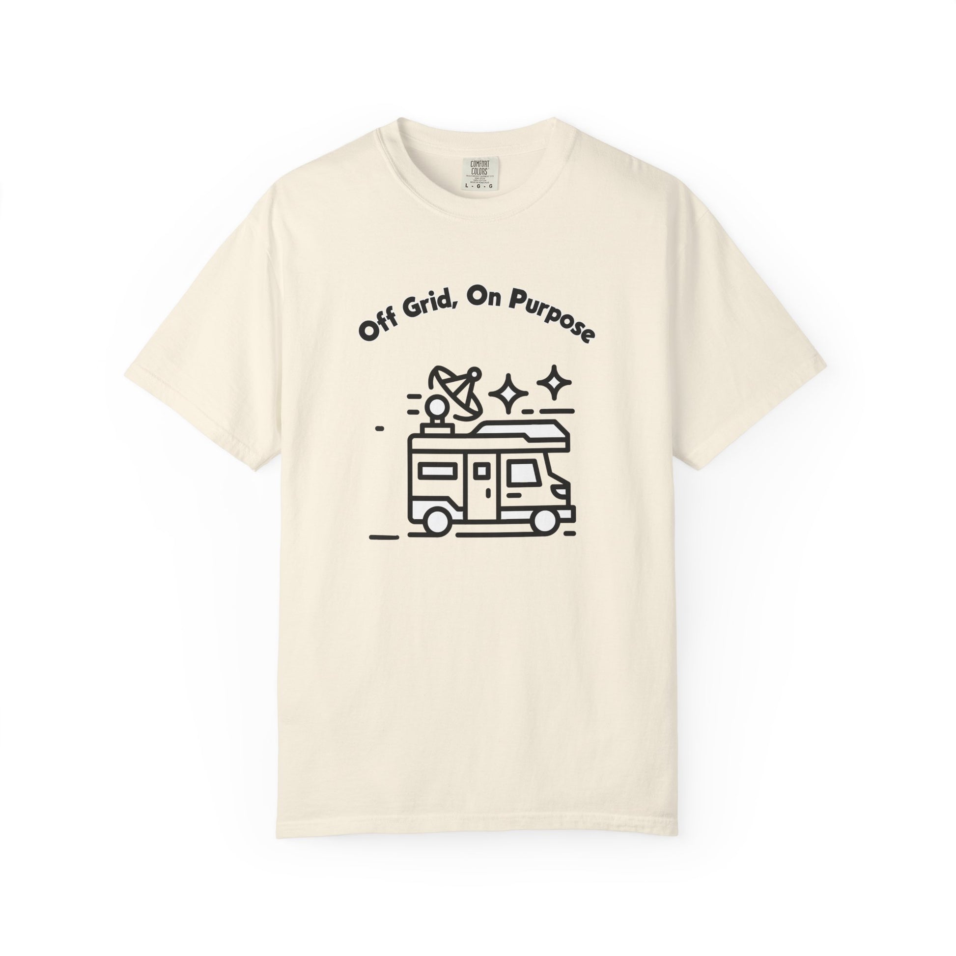 Camper van graphic tee showing clean line art van print on garment dyed cotton