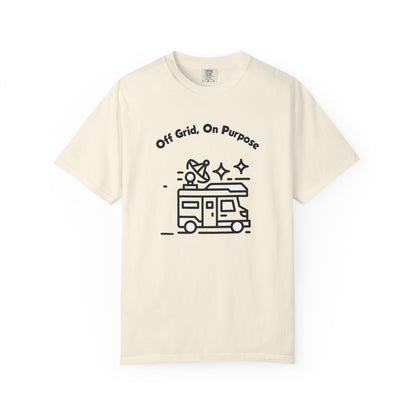 Camper van graphic tee showing clean line art van print on garment dyed cotton