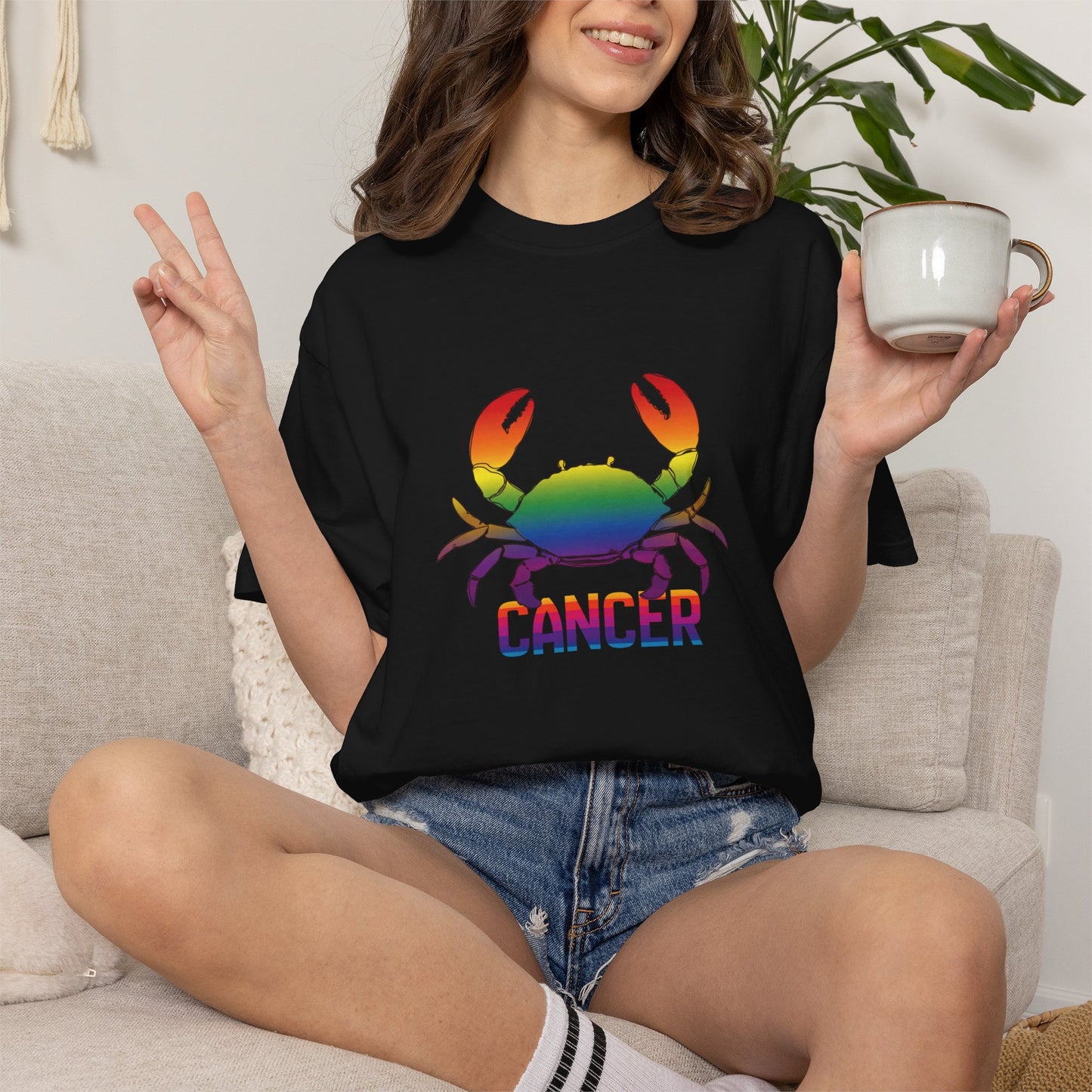 Cancer sign shirt featuring rainbow crab on cotton tee