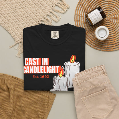 Candle print tee detail shot of Est 1692 text beneath dual candle illustration