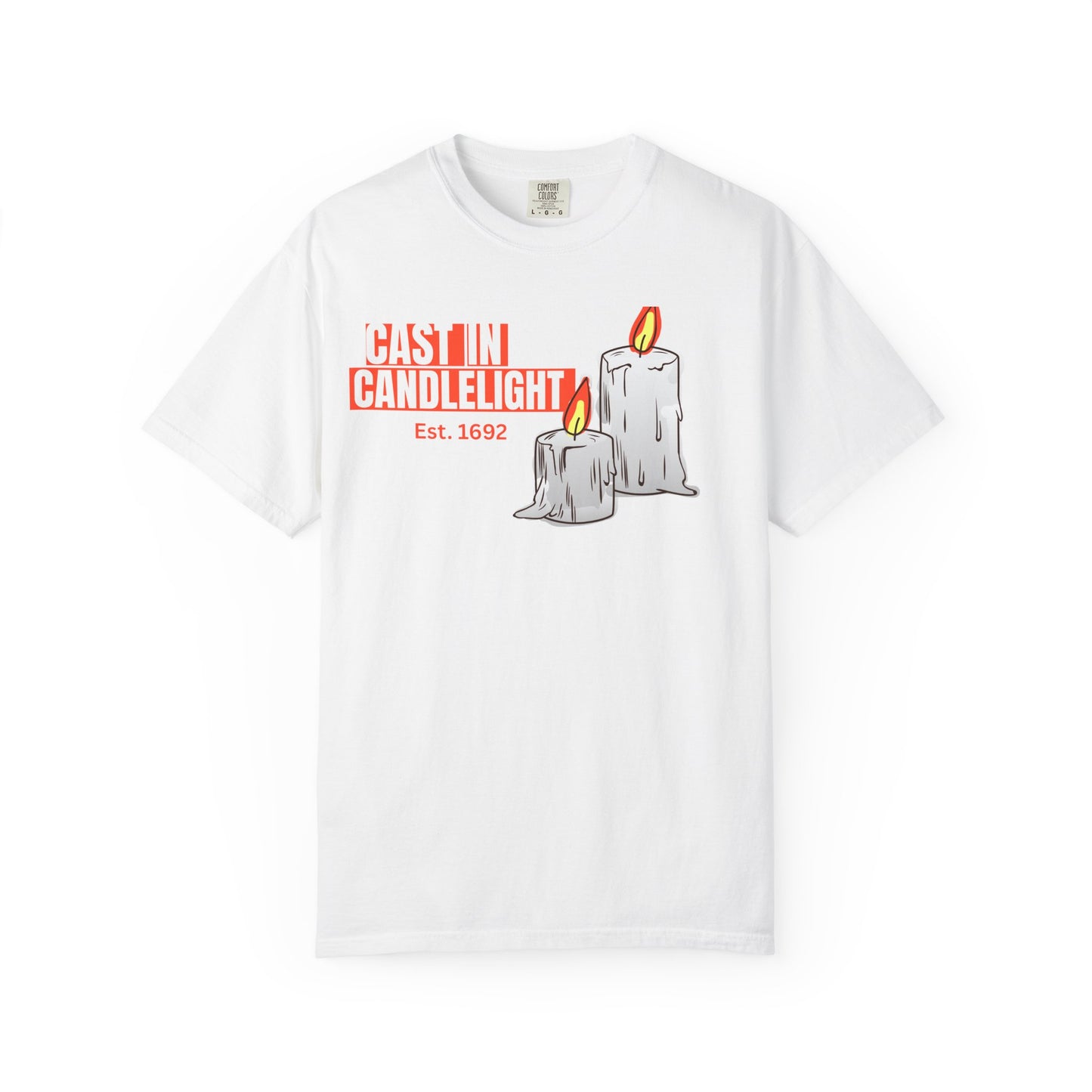 Candle print tee with twin burning candle illustration on heavyweight pigment dyed blank