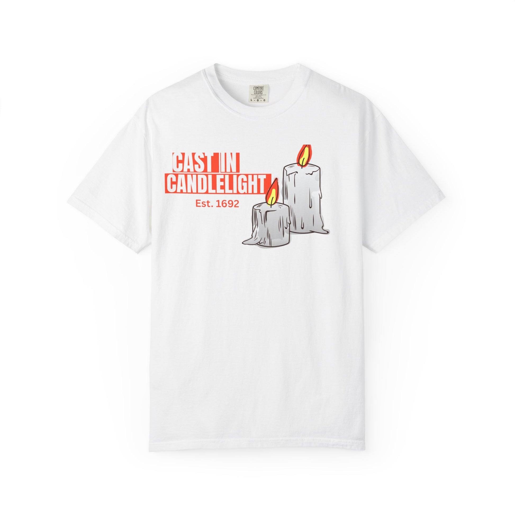 Candle print tee with twin burning candle illustration on heavyweight pigment dyed blank