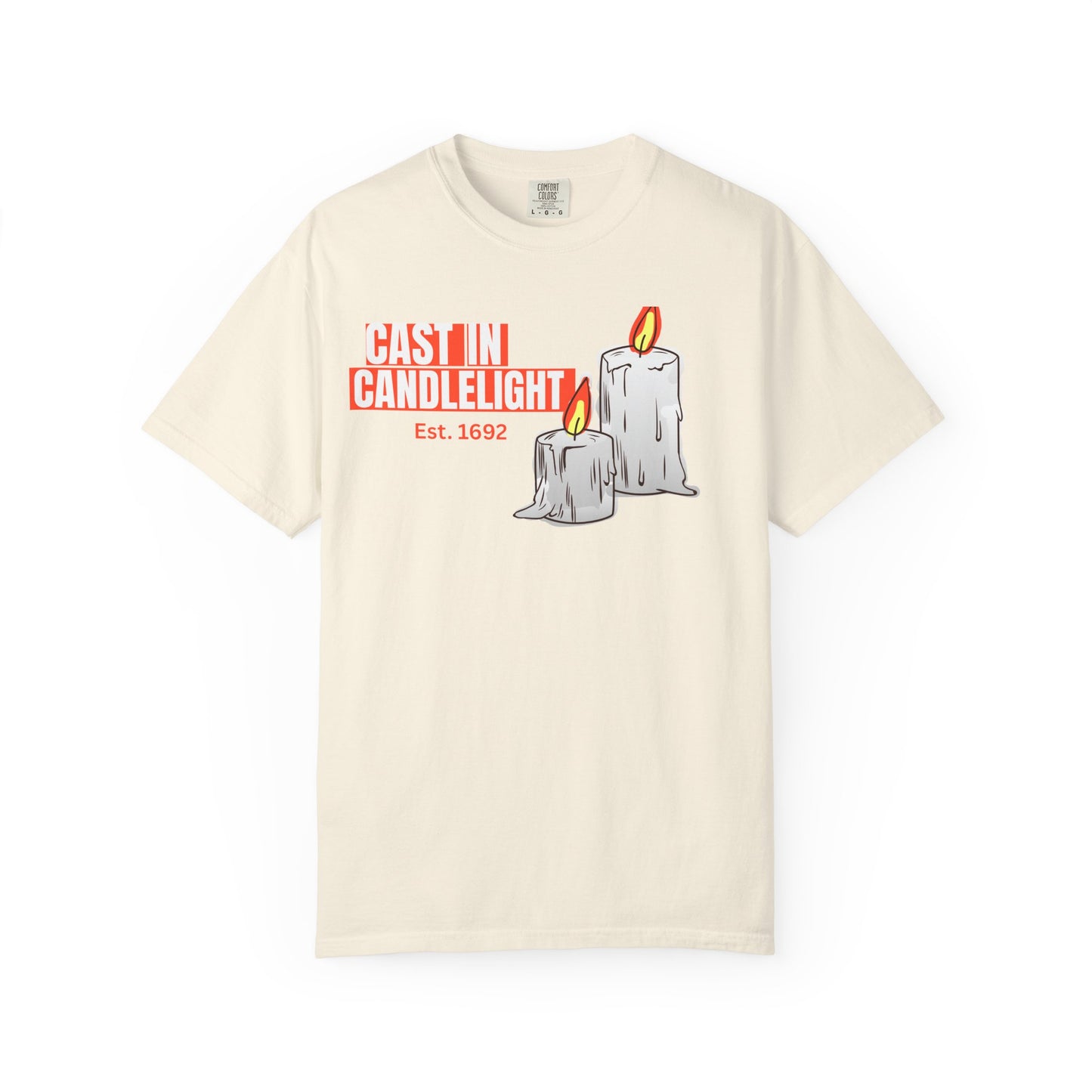 Candlelight printed unisex tee flat lay showing Gaslight Candlelight design detail closeup