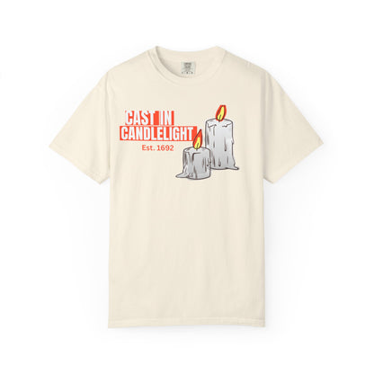 Candlelight printed unisex tee flat lay showing Gaslight Candlelight design detail closeup