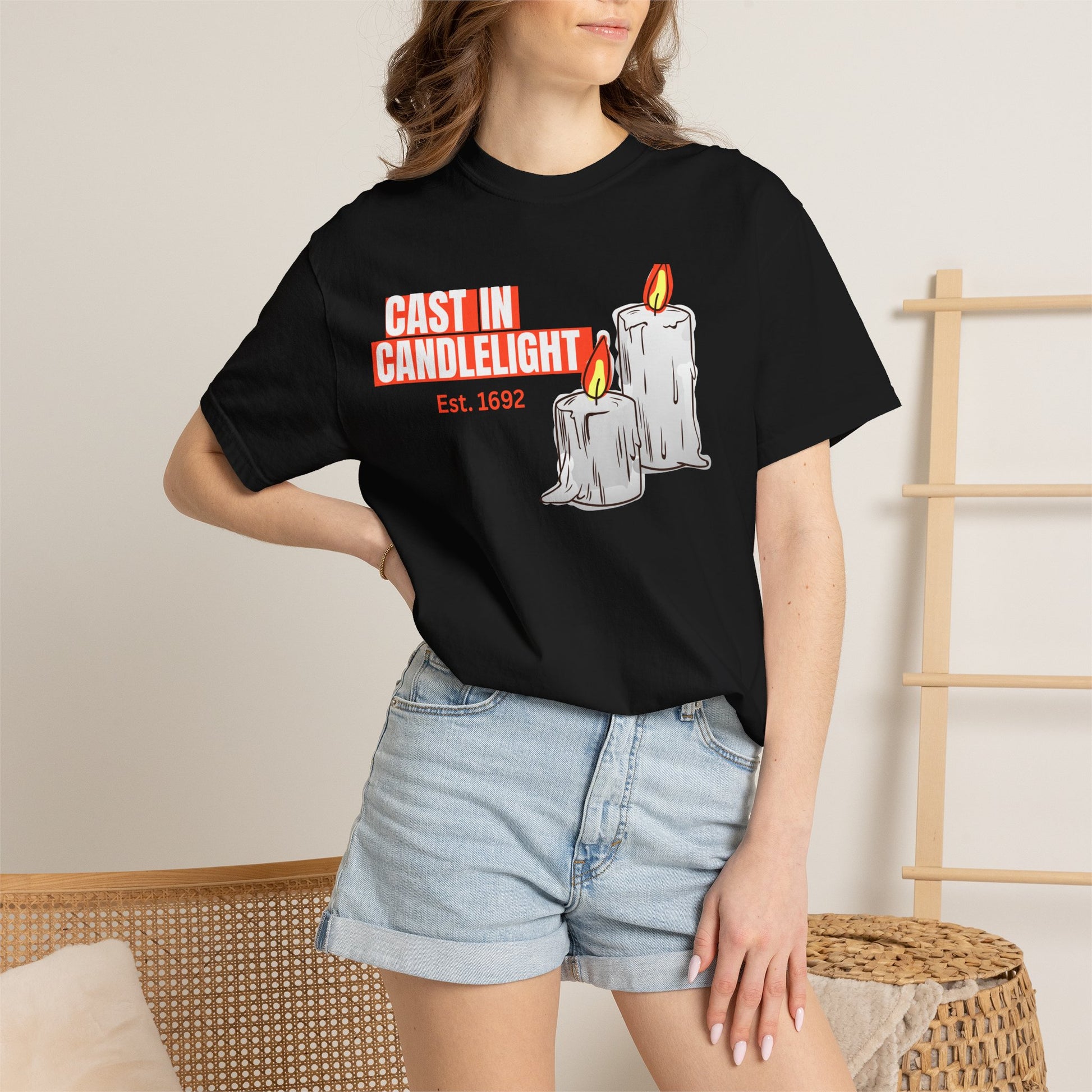 Candlelight unisex tee size range S to 3XL displayed across garment dyed colorways