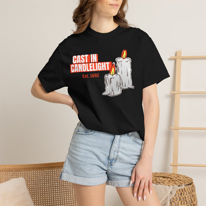 Candlelight unisex tee size range S to 3XL displayed across garment dyed colorways