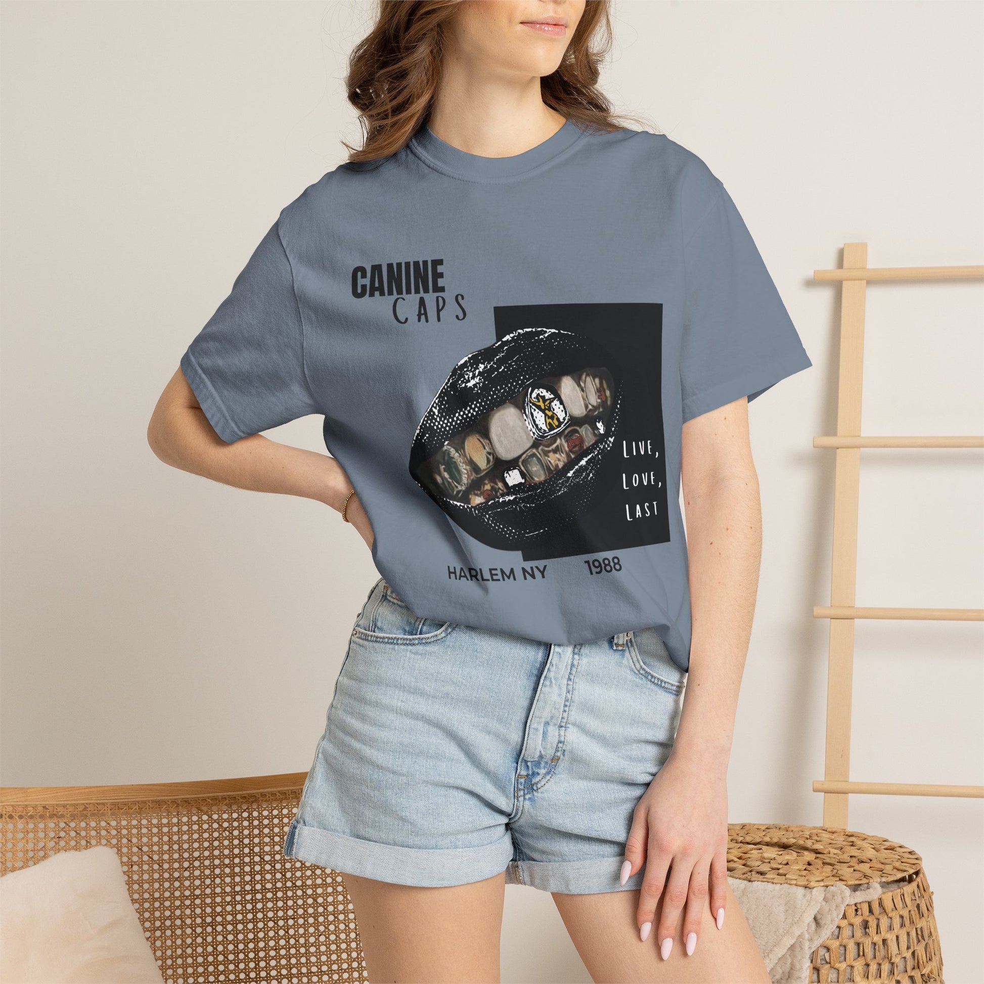 Canine caps rap tee relaxed fit model wearing oversized streetwear look