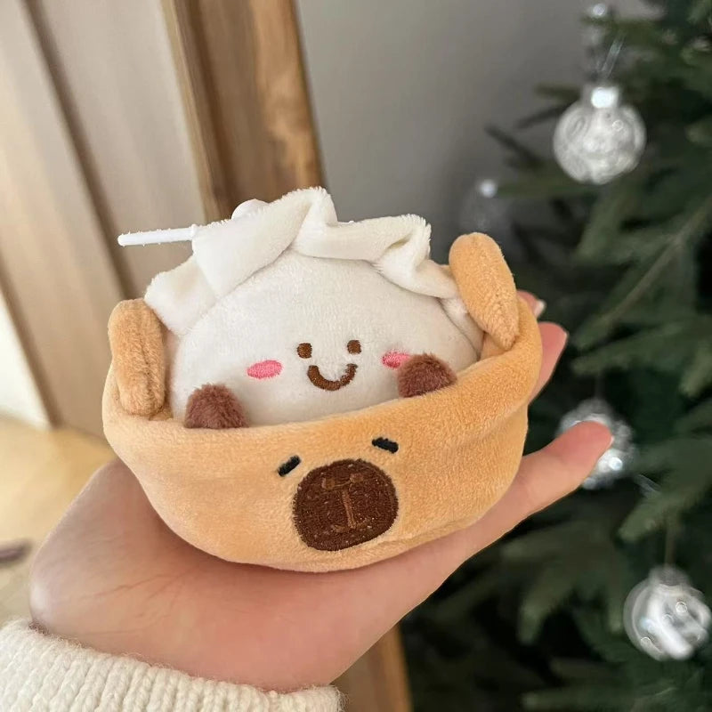 Capybara dumpling plush flat lay on white background showing PP cotton filled character