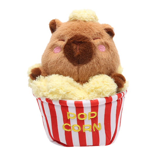 Capybara plush sitting inside a popcorn bucket, 21cm soft stuffed toy