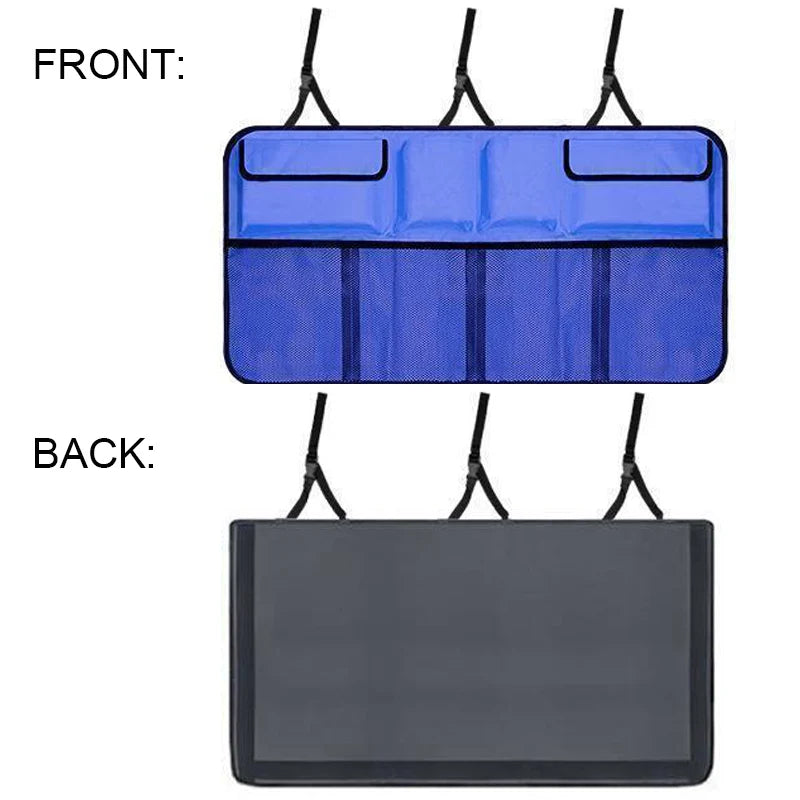 Car back seat organizer with multiple storage compartments installed