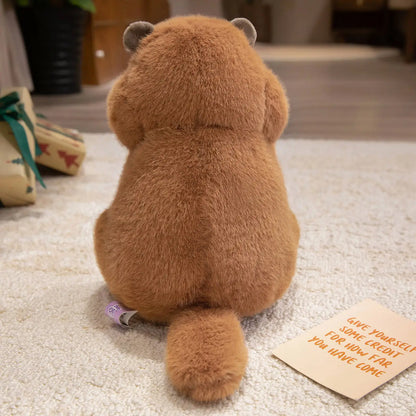 Cartoon groundhog plush sitting upright in classic marmot alert pose