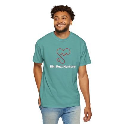 Casual everyday nurse shirt with Real Nurturer text and heartbeat graphic