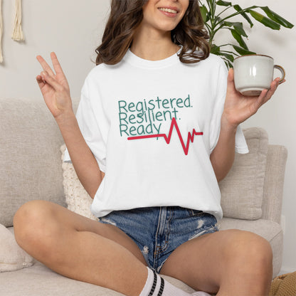 Casual nursing graphic tee with EKG line and motivational healthcare quote