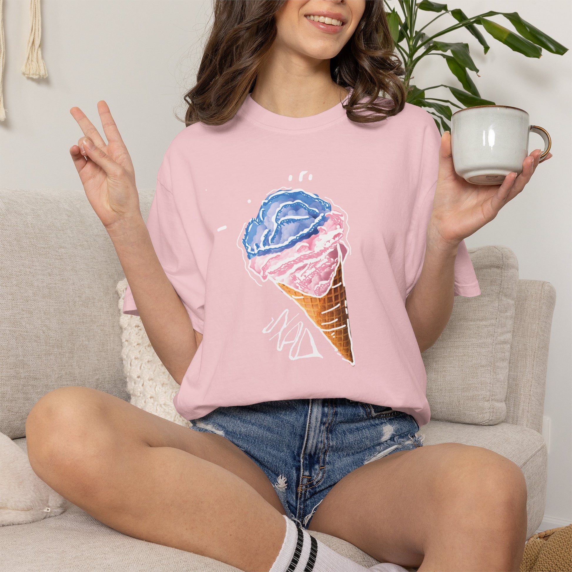 Casual summer tee featuring blue and pink watercolor ice cream cone art