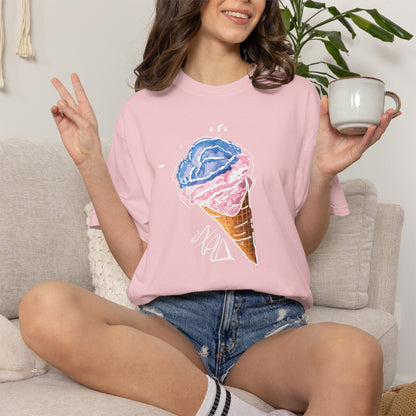 Casual summer tee featuring blue and pink watercolor ice cream cone art