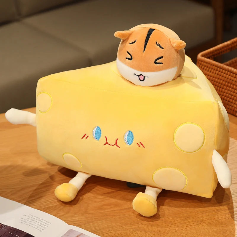 Cat cheese plushie displayed on shelf alongside anime figures and kawaii room decor setup