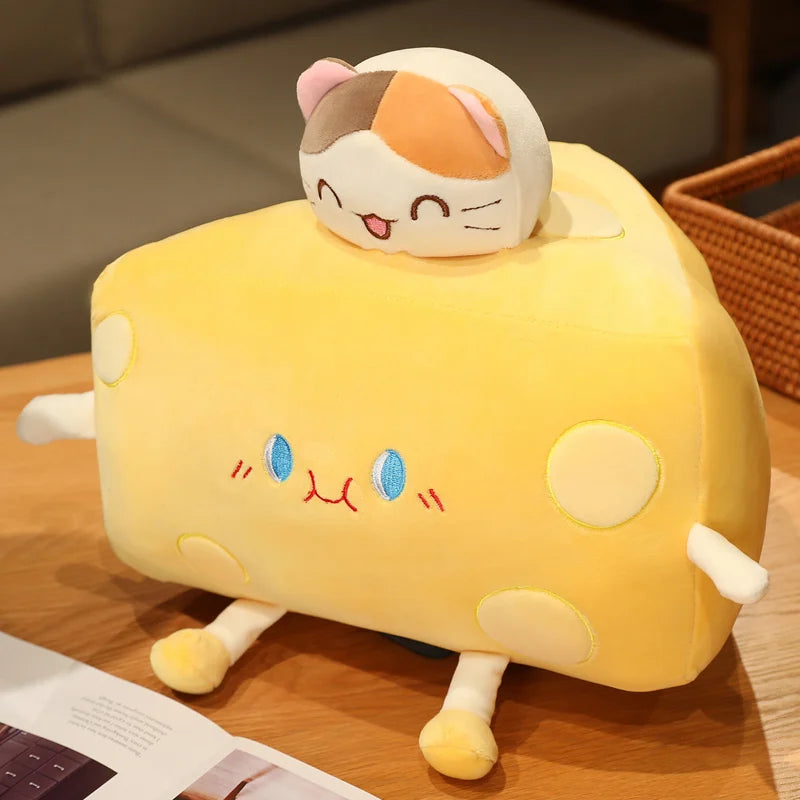 Cheese only kawaii plush wedge with big smiling cartoon face from front angle