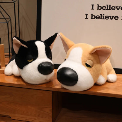 Chibi puppy plush black white sheepdog with fluffy texture close up