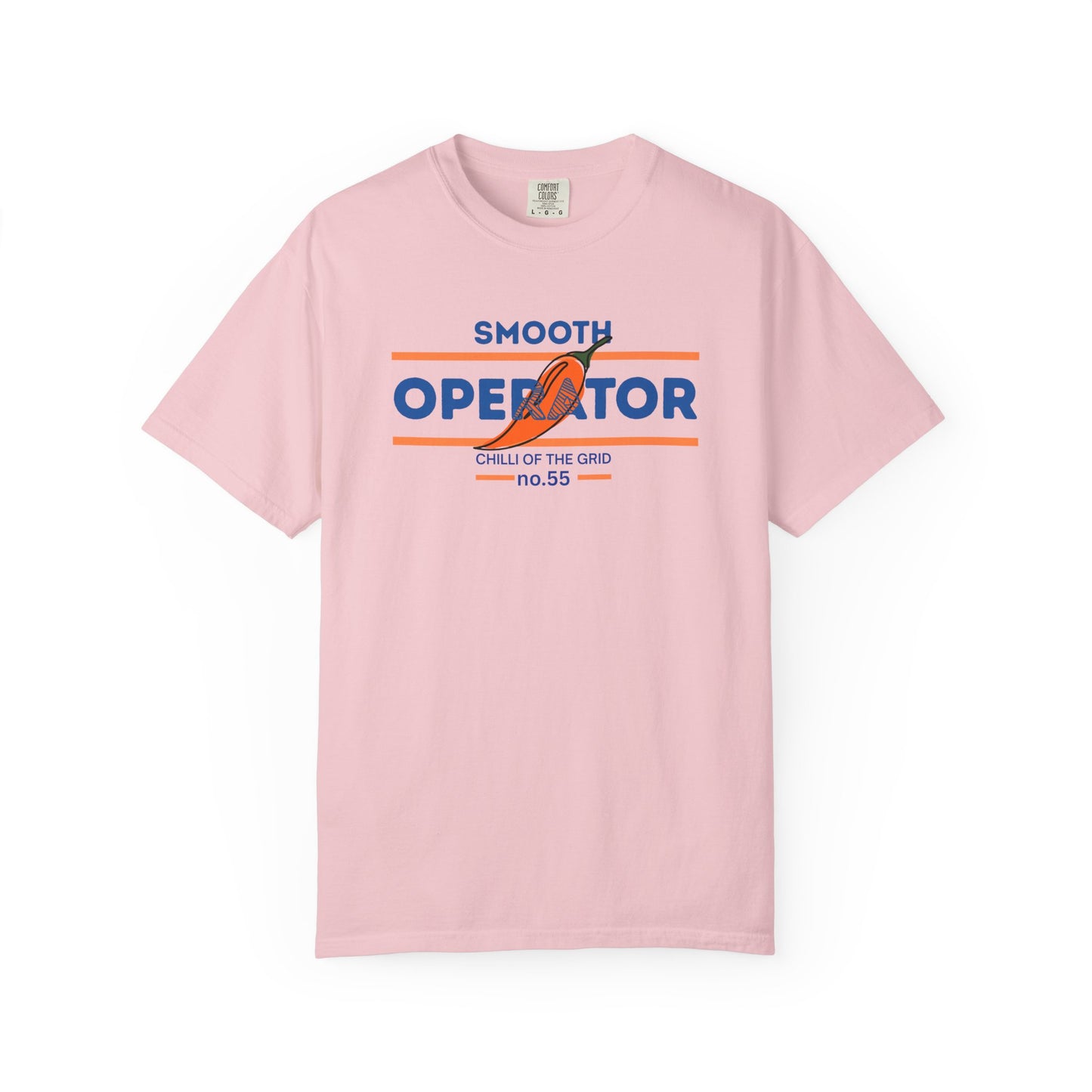 Chili pepper mascot wearing a smooth operator vibe on a racing culture t-shirt