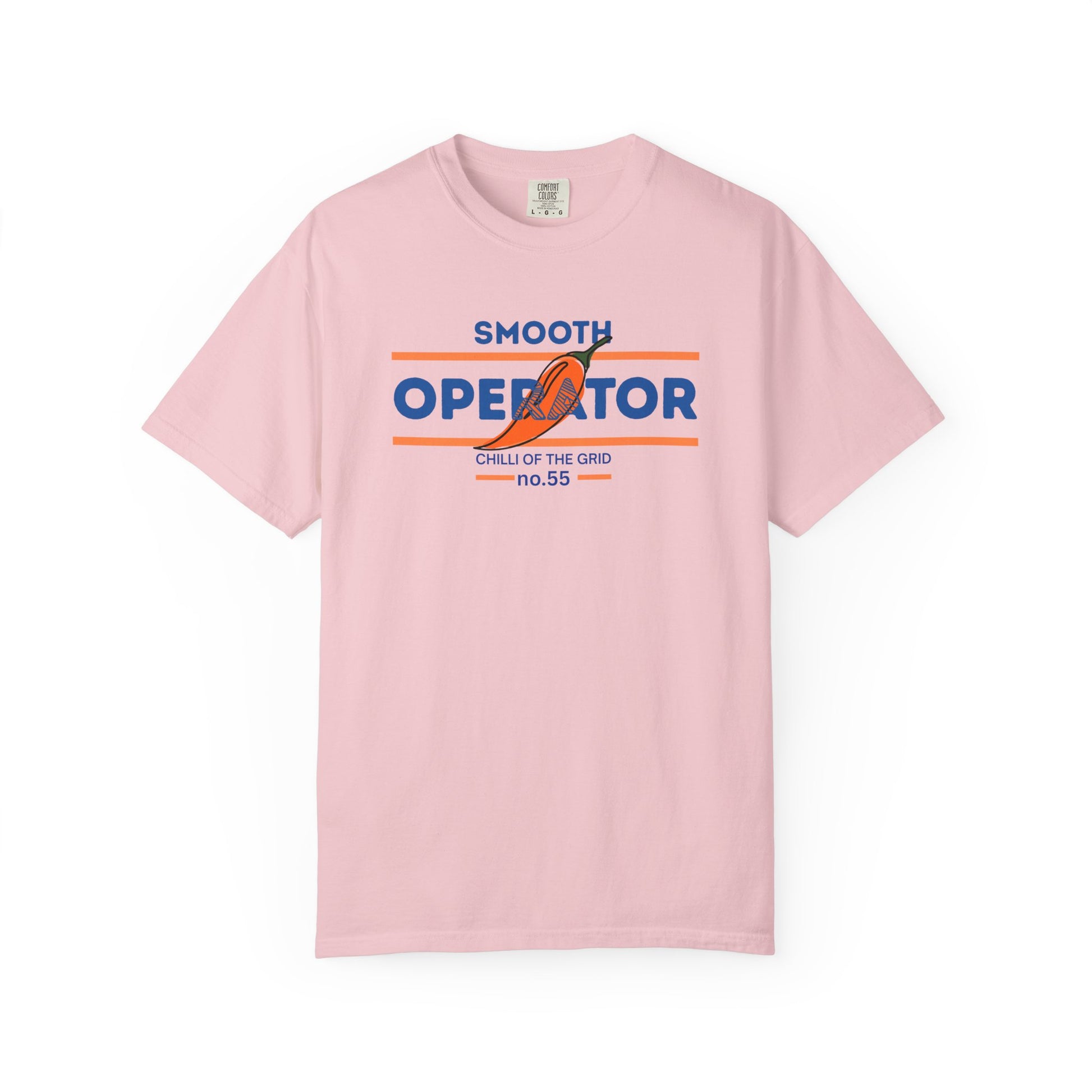 Chili pepper mascot wearing a smooth operator vibe on a racing culture t-shirt
