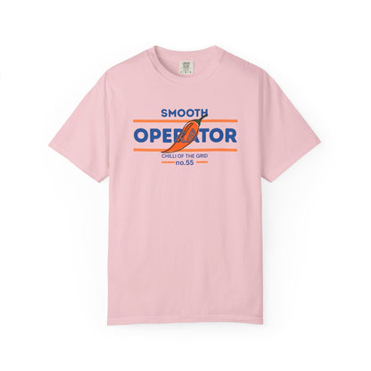 Chili pepper mascot wearing a smooth operator vibe on a racing culture t-shirt