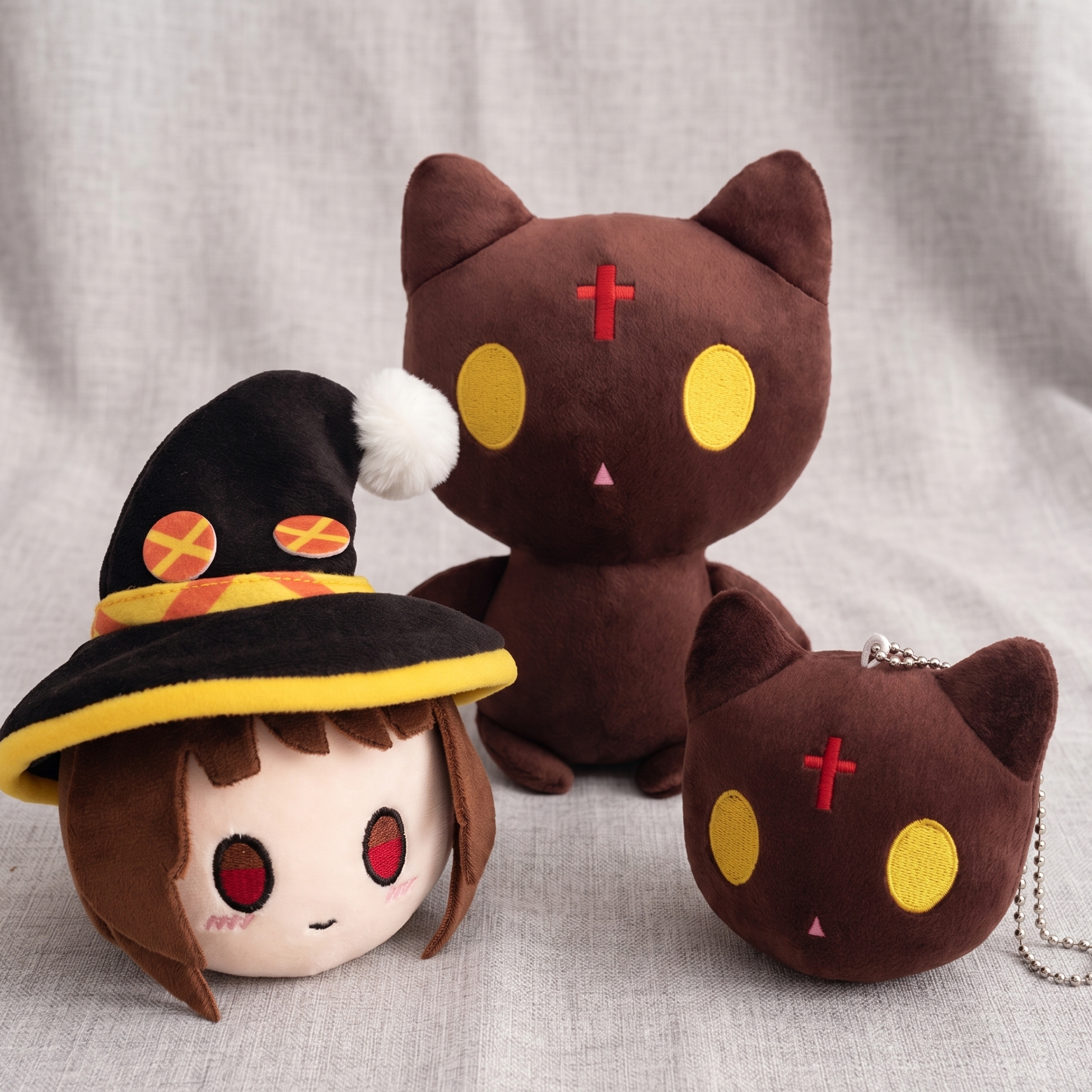 Chomusuke plush front view, 10cm handmade black cat familiar with red spots and wings anime soft toy
