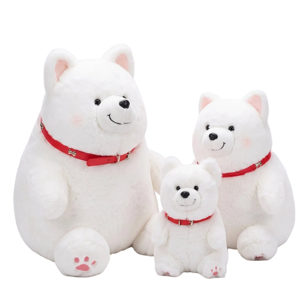 Chonky Samoyed plushie with red collar and smiling face front view