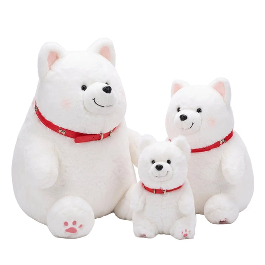 Chonky Samoyed plushie with red collar and smiling face front view