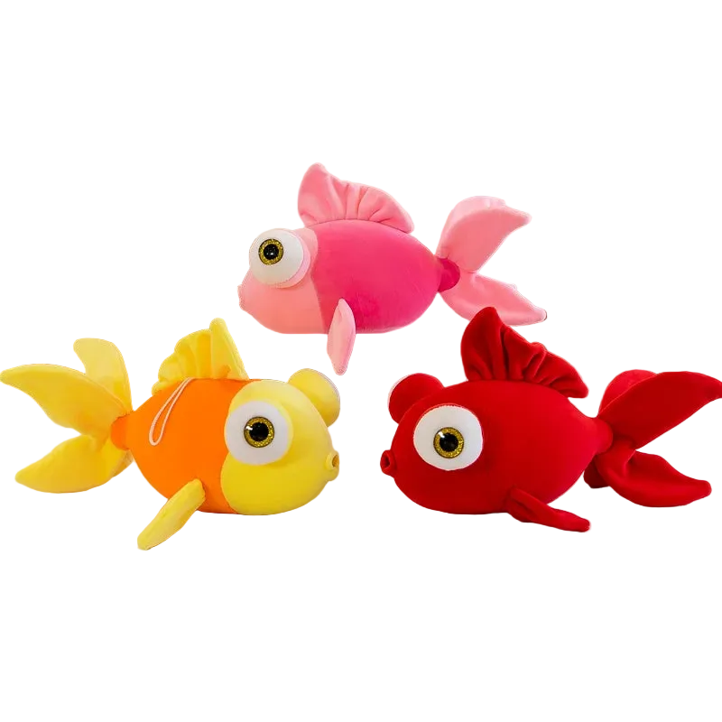 Chonky big-eye goldfish plush toy in yellow on white background