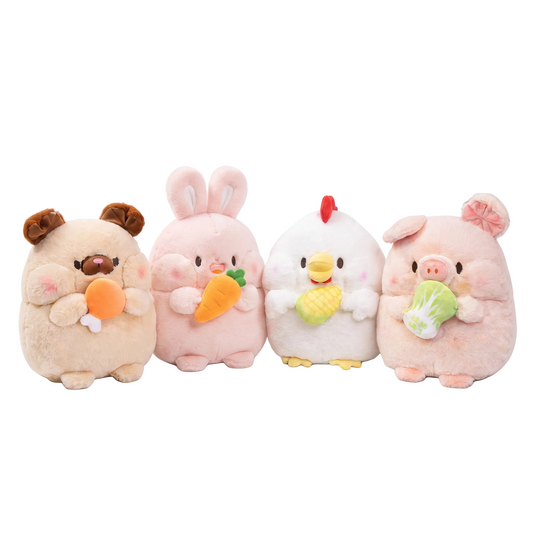 Chubby kawaii pug plushie in soft pastel plush fabric on a white background