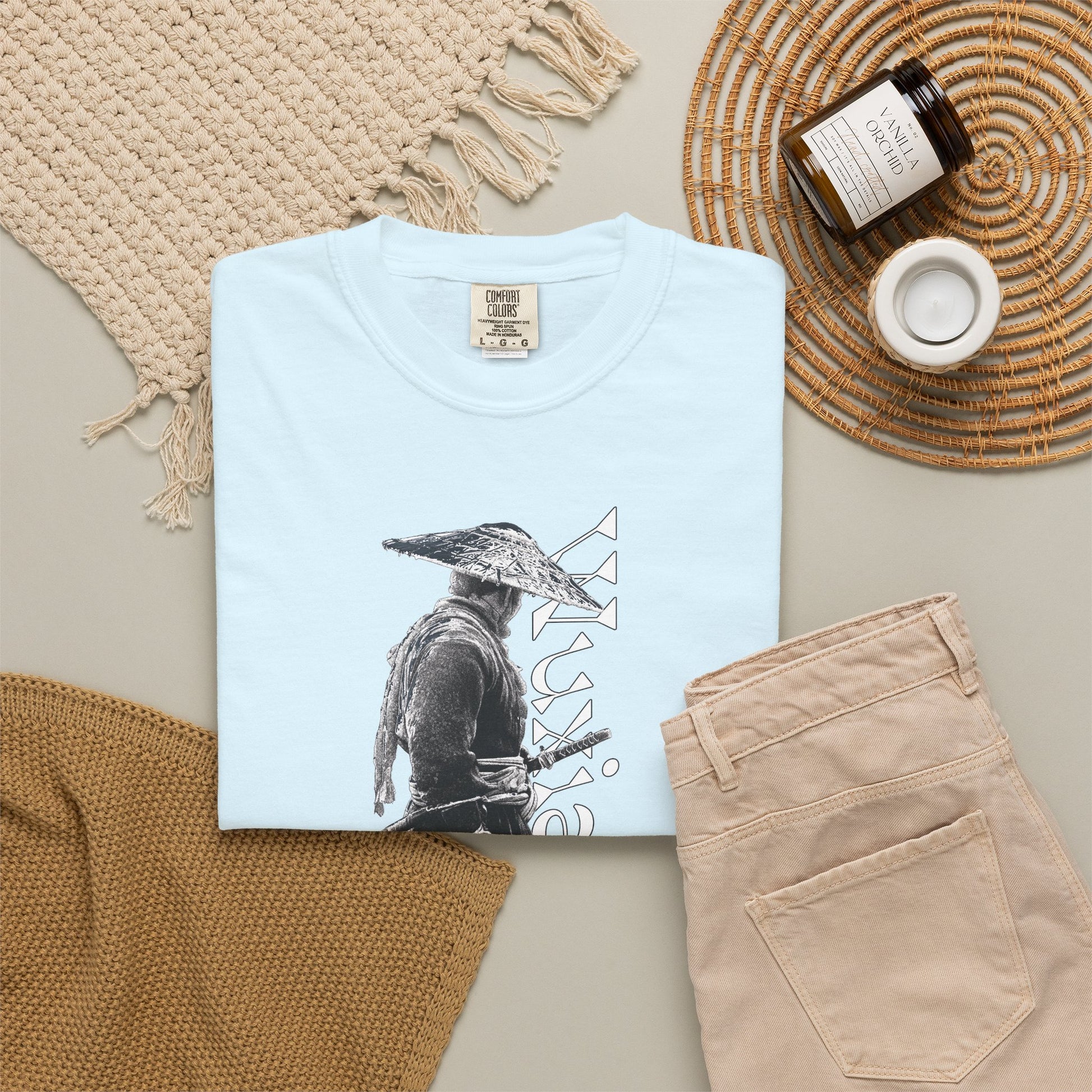 Cinematic straw hat ronin graphic heavyweight garment dyed tee dark wuxia atmosphere