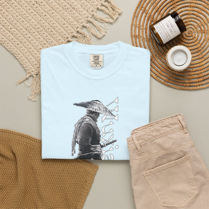 Cinematic straw hat ronin graphic heavyweight garment dyed tee dark wuxia atmosphere