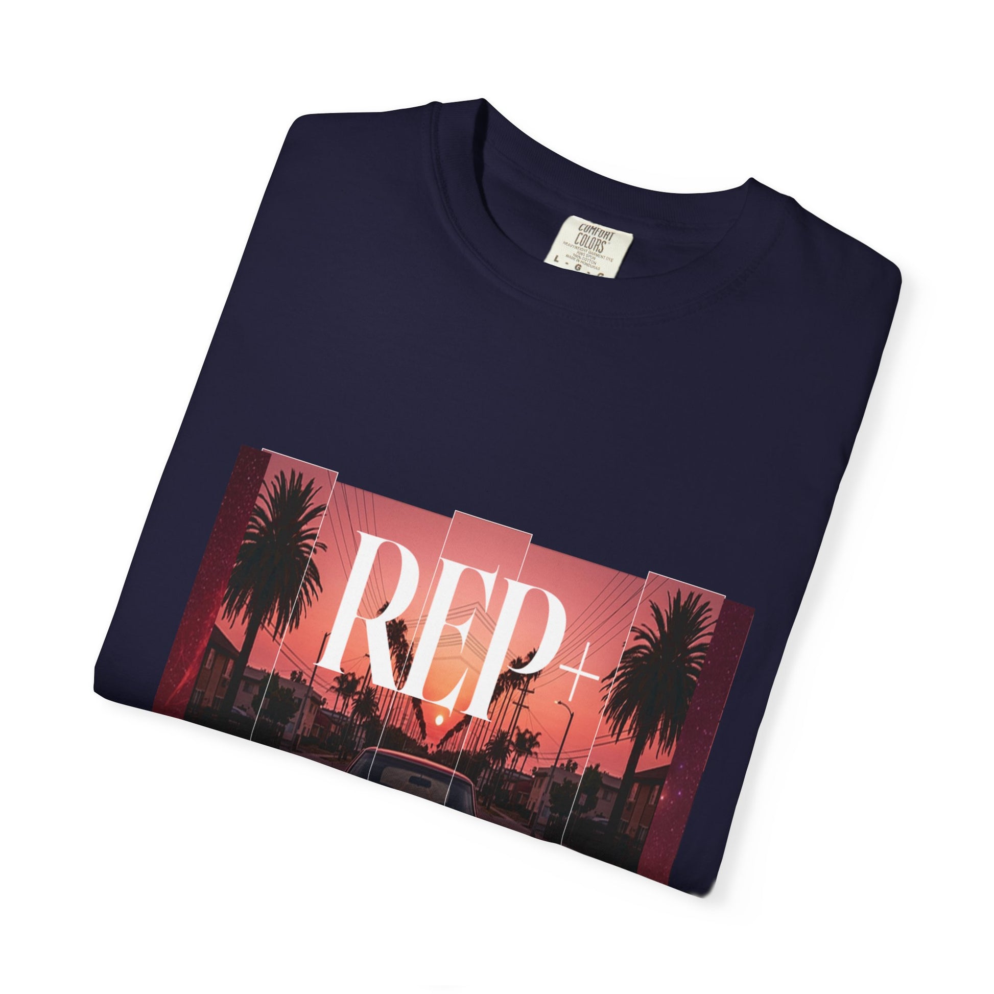 Classic car graphic tee with outrun aesthetic palm trees and glowing dusk horizon