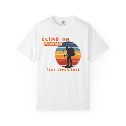 Climb On Peak Experience mountain climbing shirt with retro climber silhouette graphic on Comfort Colors tee