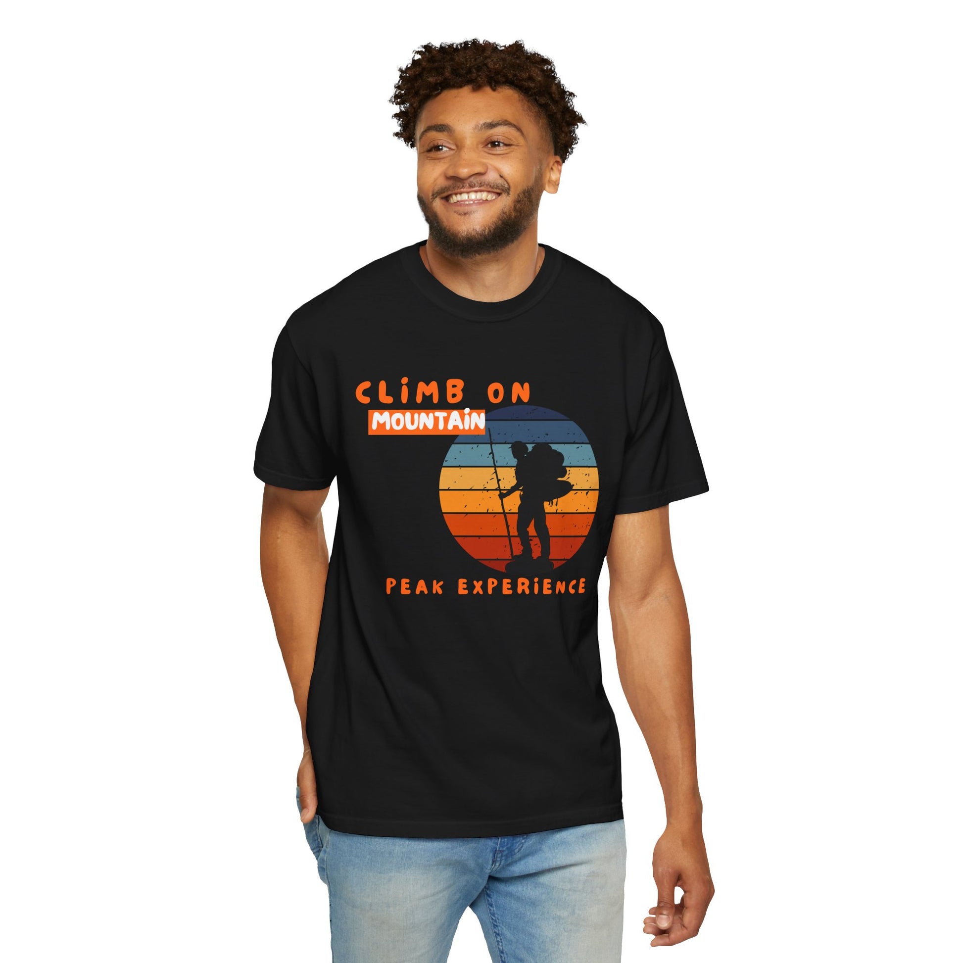 Climb On Peak Experience summit gift tee showing full-color retro mountain design detail
