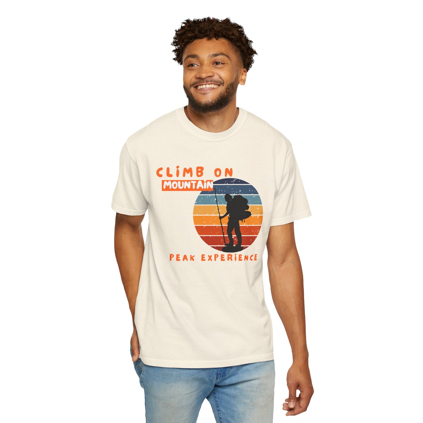 Climber gift idea: bold graphic tee with sunset mountain layers and empowering summit message