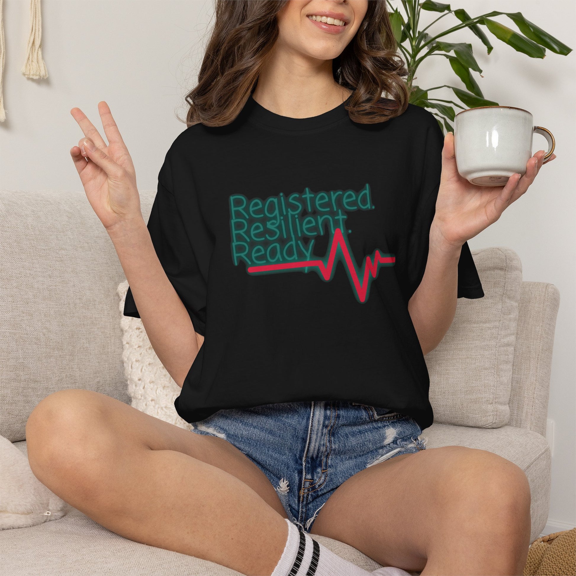 Clinical worker shirt with stacked Registered Resilient Ready lettering