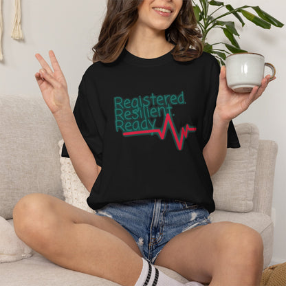 Clinical worker shirt with stacked Registered Resilient Ready lettering
