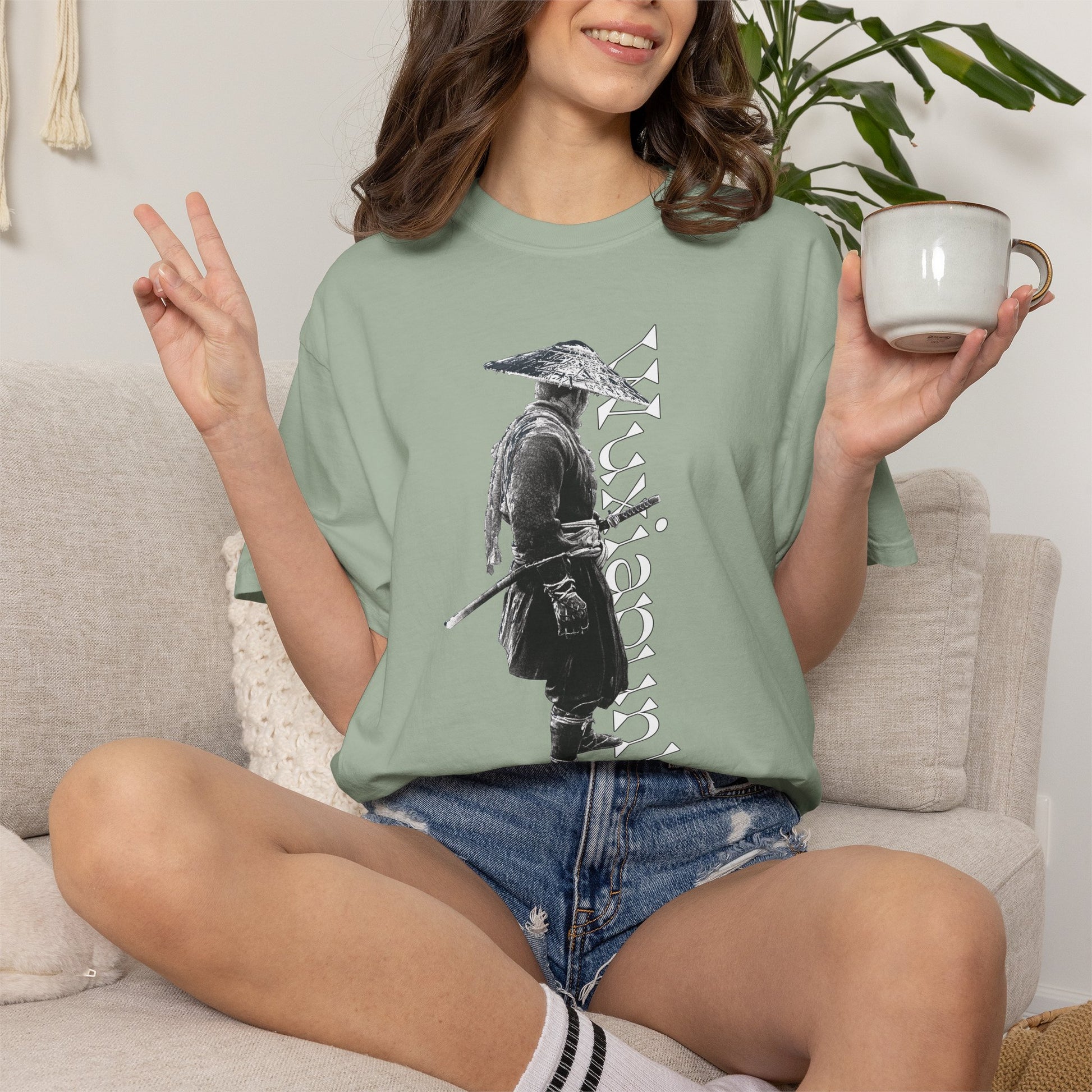 Cloaked blade wielder straw hat graphic heavyweight garment dyed tee dark fantasy